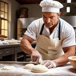 A baker with a determined expression, kneading dough in a brightly lit bakery.  Tools and ingredients surround him, emphasizing the preparation and skill involved in baking. Focus on conveying a positive and resilient mindset.