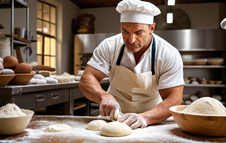 A baker with a determined expression, kneading dough in a brightly lit bakery.  Tools and ingredients surround him, emphasizing the preparation and skill involved in baking. Focus on conveying a positive and resilient mindset.