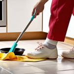 **Clean and Safe Kitchen:** Image of a bright, organized kitchen with a baker wiping up a spill on the floor. They are wearing non-slip shoes and properly fitted clothing. A well-stocked first-aid kit is visible in the background. The overall impression is safety-conscious baking environment.