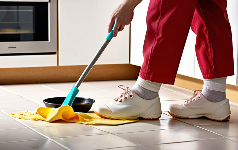 **Clean and Safe Kitchen:** Image of a bright, organized kitchen with a baker wiping up a spill on the floor. They are wearing non-slip shoes and properly fitted clothing. A well-stocked first-aid kit is visible in the background. The overall impression is safety-conscious baking environment.