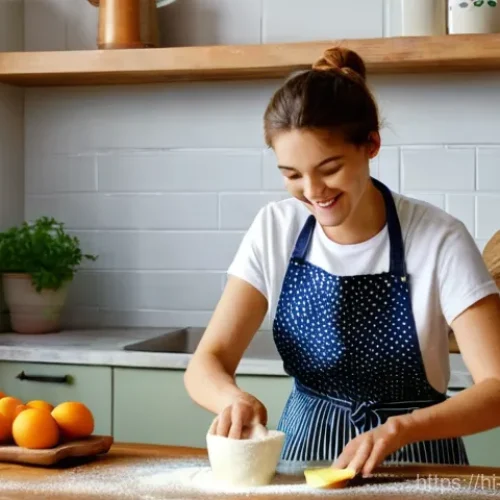 제과제빵 교재 추천 및 리뷰 - **A Joyful Culinary Beginning:**
    A vibrant, sunlit kitchen scene. A young adult woman, in her ea...