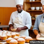 제과제빵 자격증 난이도 비교 - A cozy bakery classroom scene with a diverse group of adult students attentively learning basic baki...