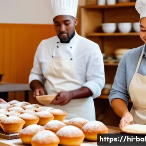 제과제빵 자격증 난이도 비교 - A cozy bakery classroom scene with a diverse group of adult students attentively learning basic baki...