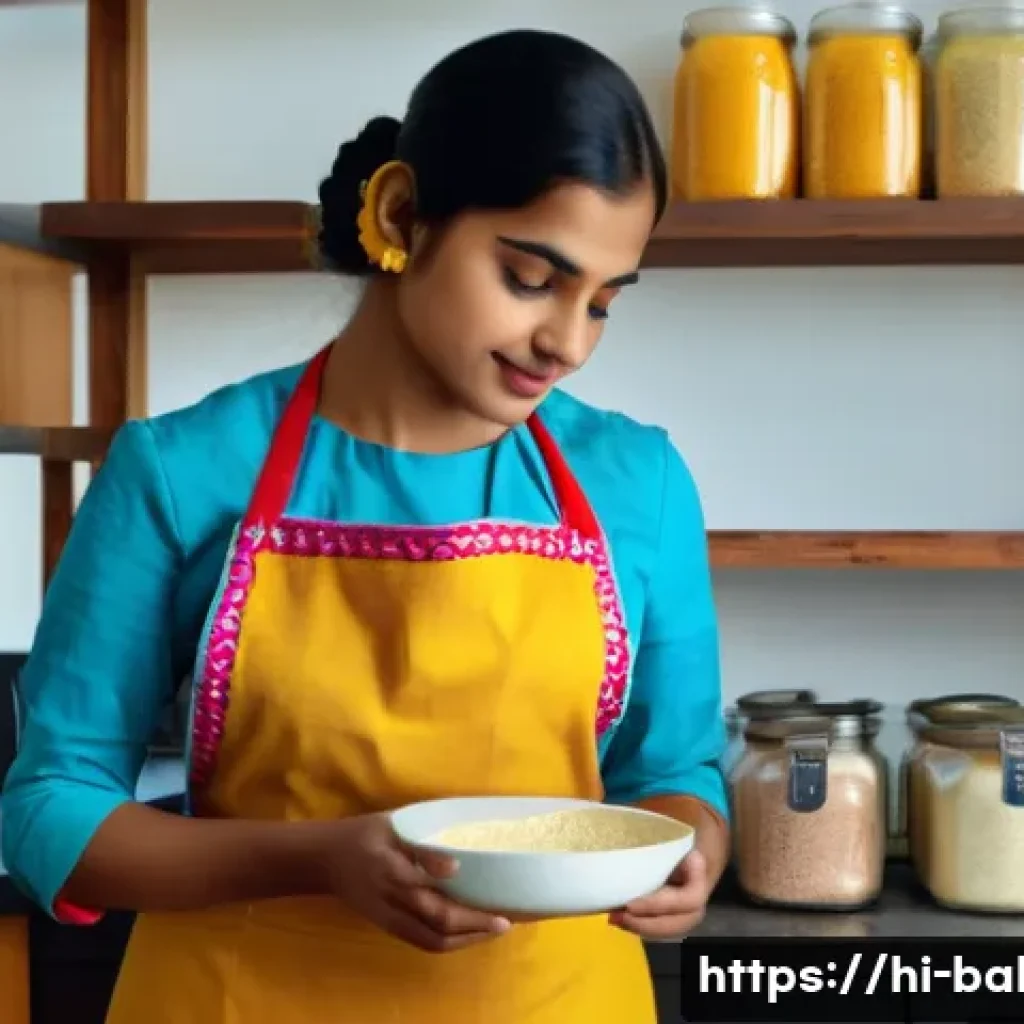 제과제빵 자격증 합격률 높이는 법 - A bright and cozy kitchen scene featuring a young Hindi-speaking woman in colorful traditional India...