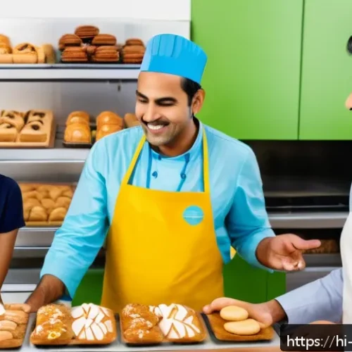 제과제빵 업계에서 필요한 스킬 - A vibrant bakery scene showcasing a diverse group of happy Indian customers giving feedback to a fri...