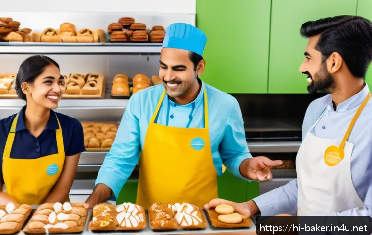 제과제빵 업계에서 필요한 스킬 - A vibrant bakery scene showcasing a diverse group of happy Indian customers giving feedback to a fri...