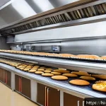 제과제빵 현직자의 업무 사례 분석 - A modern bakery interior showcasing advanced automation technology: sleek, smart ovens with digital ...