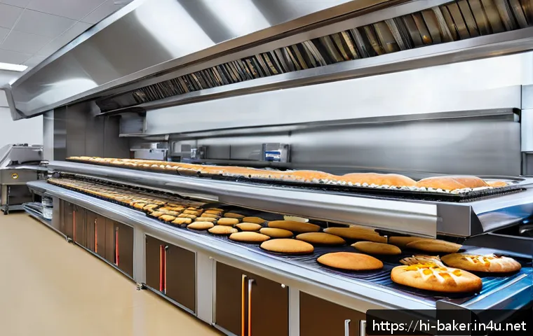 제과제빵 현직자의 업무 사례 분석 - A modern bakery interior showcasing advanced automation technology: sleek, smart ovens with digital ...